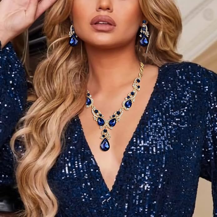 BriLove Wedding Bridal Jewelry for Women Multi Teardrop Cluster Crystal Statement Necklace Dangle Earrings Link Bracelet Set