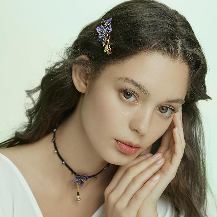 Forget me not Flower Brooch Handmade Gold Thread Embroidered and hand-Drip Enamel leaf, Gradient Botanical Floral Brooch pins for women, SHE'S FREE STYLE JUST FOR YOU [Bencao Gangmu Series]Vintage Plant Jewelry