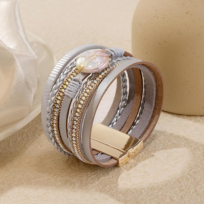 ENGCKSHI Wrapped Bracelets for Women,Leather Bracelet,Boho Bracelets for Women,Multi-Layer Pearl Crystal Bracelet Bangle Jewelry