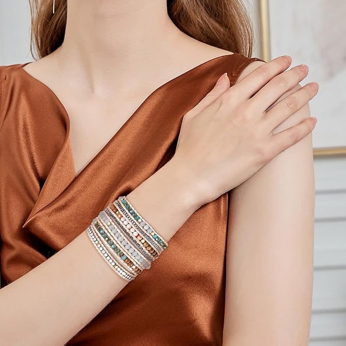 Boho 5 Wrap Bead Bracelet for Men Women - Handmade Adjustable Natural Chakras Stone Crystal Beaded Bracelets Cuff Rope Yoga Healing Bracelet Bangle Hippie Jewelry