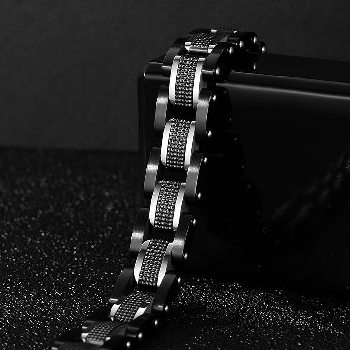 Men's Stainless Steel Two-Tone Square Link diamond Bracelet in Black & Blue Ion-Plated Black
