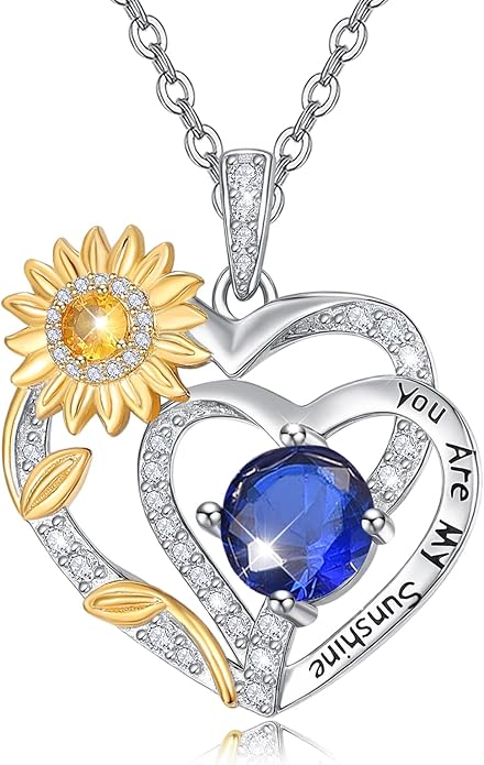 Zeuslia Double Birthstone Necklace Gifts for Wife - 925 Sterling Silver Sunflower/Rose/Crown Cross/Compass/Heart Pendant I Love You Necklace, Anniversary Birthday Gifts for Wife Girlfriend Mom Her
