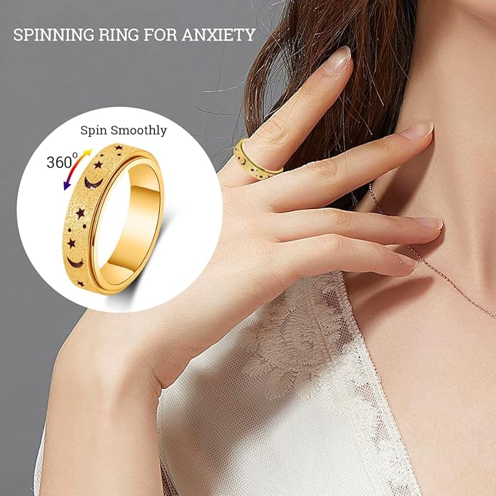 AmorArtSky Anxiety Ring for Women Men, Titanium Stainless Steel Spinner Ring, 5 Colors, 6MM, Size 6-10, 3 Styles Anxiety Ring-Moon Star, Sandblasted Finished, Hollow Outer