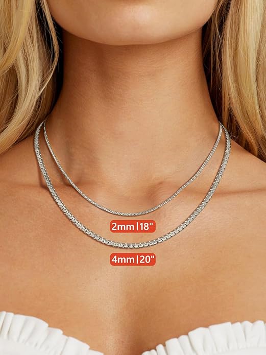FaithHeart Mens Black/Silver/Gold Stainless Steel Flat Box Link Chain Necklace, Stylish 2/4/6/8mm Width Box Chains Necklaces for Men Non Tarnish Hip Hop Chain Jewelry Gifts,14"-30" Length