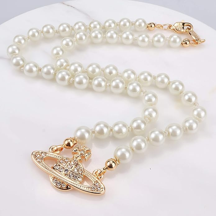 FENLDY Rhinestone Faux Planet Saturn Pearl Necklace for Women Jewelry, Fake Pearl Collar Pendant a Necklace Men with Charm for Girls Y2k Jewelry Ladies' Wedding Pearl Bead Chain Crystal Choker