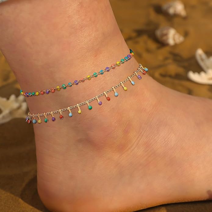 MTMY Gold Anklets for Women 14K Gold Plated Tiny Bead Anklet Colorful Tassel Foot Chain Dainty Adjustable Cute Summer Beach Boho Anklets Jewelry Gift
