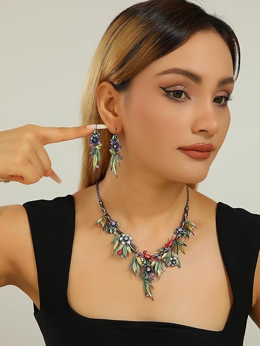 Vintage Chunky Statement Jewelry Set Retro Leaf Floral Geometric Bohemian Boho Bib Necklace Earring Set Fashion Costume Jewelry for Women Girls Wedding Party Prom Unique Gift