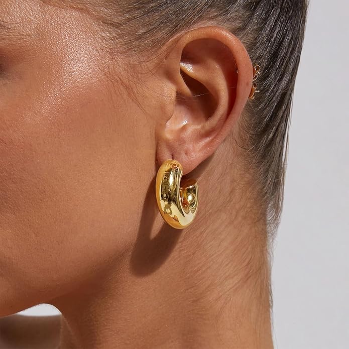 8YEARS Chunky Gold Hoop Earring for Women, 18K Gold Plated Lightweight Thick Hoops, Hypoallergenic Trendy Jewelry for Gift