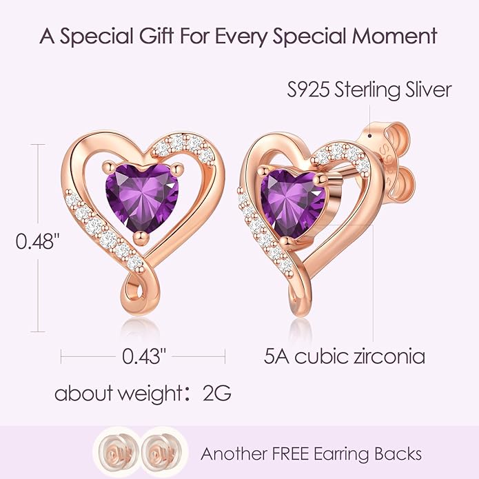 Earrings for Women, S925 Sterling Silver Rose Gold Birthstone Heart Studs Earring for Girlfriend Wife, Anniversary Birthday Christmas Valentines Mothers Day Gifts Jewelry for Women Wife Her Mom