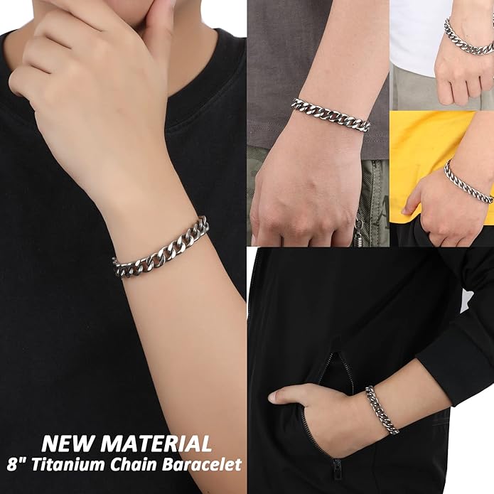 SanThree 9.5mm Solid Titanium Cuban Link Chain Bracelet for Men, Lightweight Skin-Friendly Hip Hop Bracelets for Birthday Graduation Friendship, 7"/7.5"/8",8.6"-9", Come with Gift Box