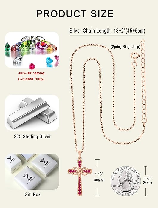 YL 925 Sterling Silver Cross Necklace for Women Halo Infinity Pendant Birthstone Jewelry for Mom