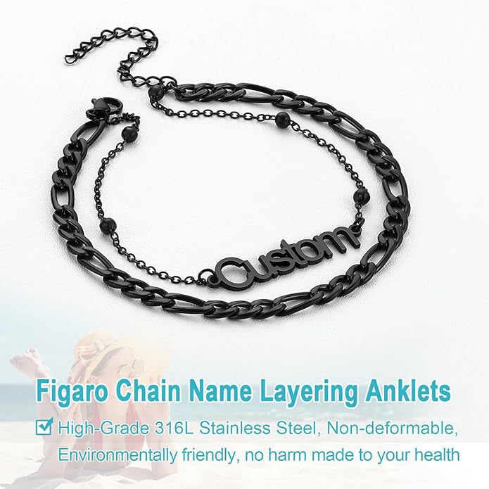 U7 Custom Layered Ankle Bracelets for Women Stainless Steel Bead/Cuban/Figaro/Rope/Wheat Chain Anklet Waterproof Anklet Jewelry for Beach Vacation