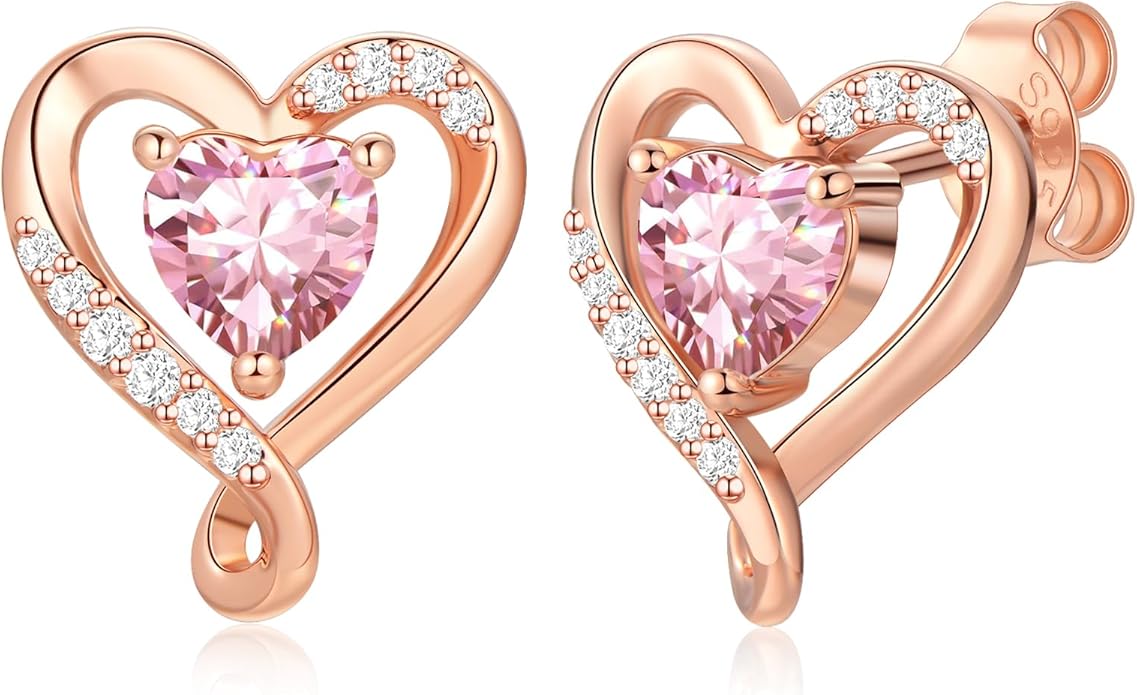Earrings for Women, S925 Sterling Silver Rose Gold Birthstone Heart Studs Earring for Girlfriend Wife, Anniversary Birthday Christmas Valentines Mothers Day Gifts Jewelry for Women Wife Her Mom