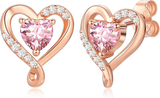 Earrings for Women, S925 Sterling Silver Rose Gold Birthstone Heart Studs Earring for Girlfriend Wife, Anniversary Birthday Christmas Valentines Mothers Day Gifts Jewelry for Women Wife Her Mom