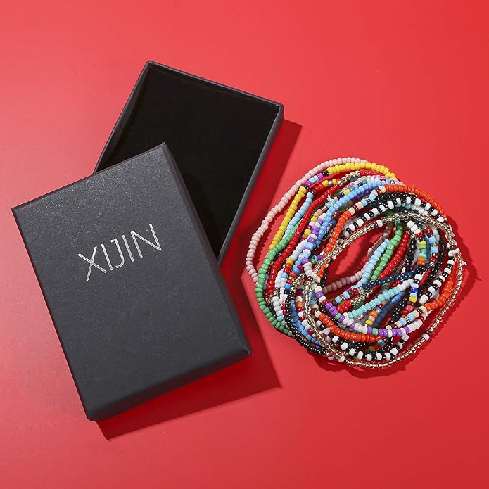 XIJIN 8Pcs Handmade Beaded Anklets for Women Boho Colorful Beads Ankle Bracelets Adjustable Foot Anklet Set