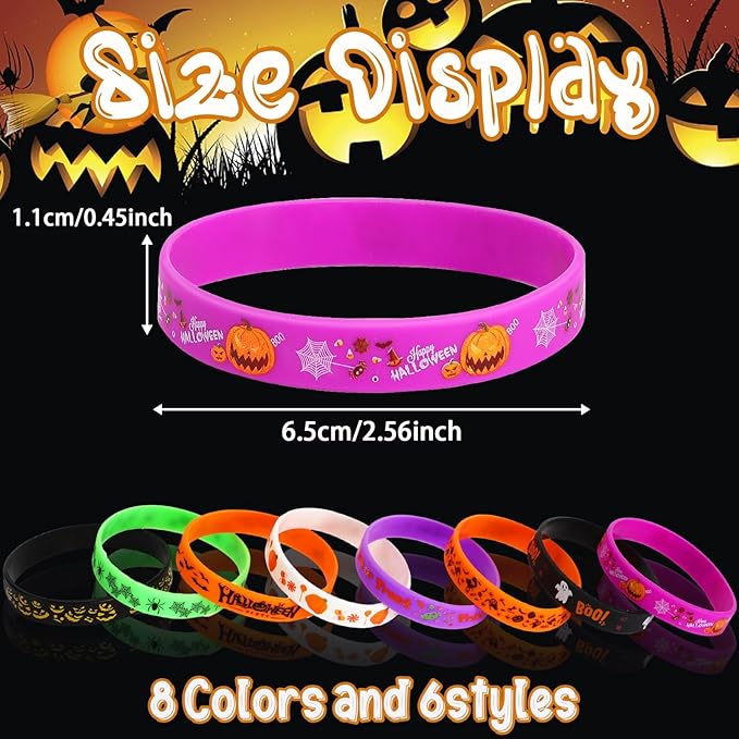 JUNEBRUSHS 64pcs Halloween Party Favors Silicone Bracelets Rubber Wristbands for Halloween Party Trick or Treat Goodie Bag Stuffers Fillers Decorations Accessories Supplies(8 Designs)