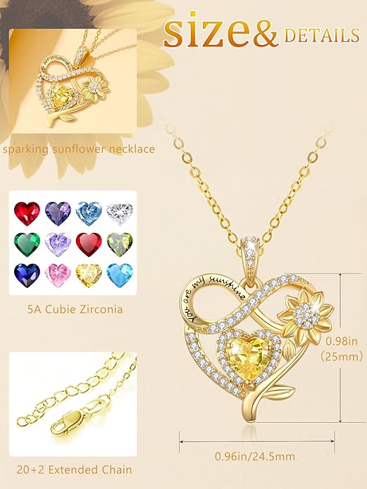 14K Gold Sunflower Heart Necklace for Women, You Are My Sunshine Jewelry with Birthstone Pendant, Anniversary Birthday Gifts for Her Wife Mom Grandma Daughter