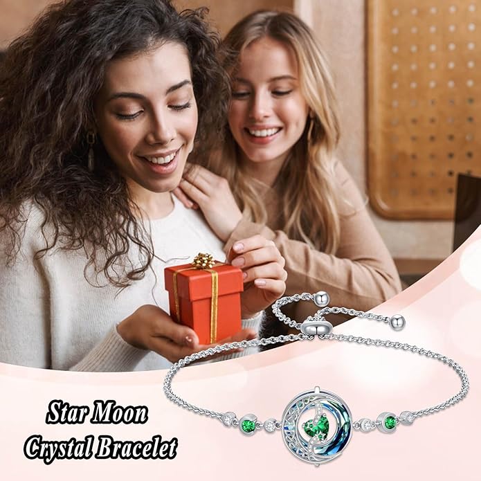 TOUPOP Birthstone Bracelet Moon and Star Bracelet 925 Sterling Silver Blue Crystal Jewelry Birthday Christmas Gifts for Women