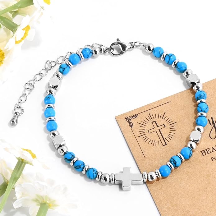 VIBILIA Cross Beaded Bracelets for Women, Inspirational Natural Heart Religious Bracelets for Women, Birthday Christian Gifts for Women on Thanksgiving Christmas Gifts