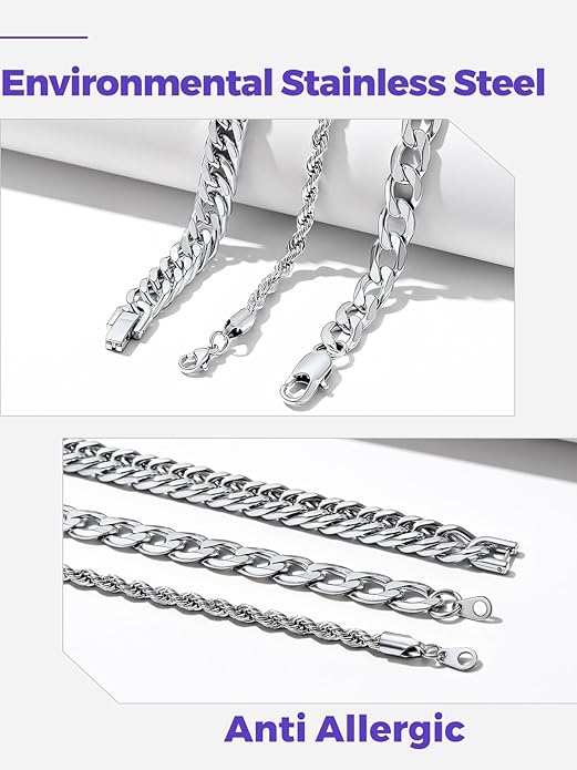 Richsteel 2PCS/3PCS Bracelets Chain for Men Women Stainless Steel Silver/Gold/Black Cuban/Rope Link Chain Bracelets Set, 7.4/8.2/9 Inch Hand Chain Length for Men Women Jewelry