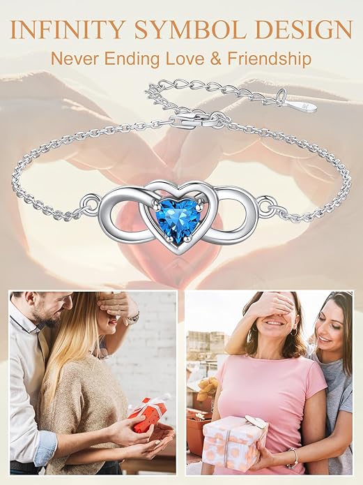 Custom4U Personalized Infinity Love Symbol Link Bracelets for Women 925 Sterling Silver Birthstone Bracelet Adjustable Engraved Chain Christmas Mother's Day Birthday Jewelry Gifts for Mom Her