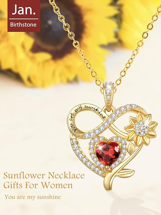 14K Gold Sunflower Heart Necklace for Women, You Are My Sunshine Jewelry with Birthstone Pendant, Anniversary Birthday Gifts for Her Wife Mom Grandma Daughter