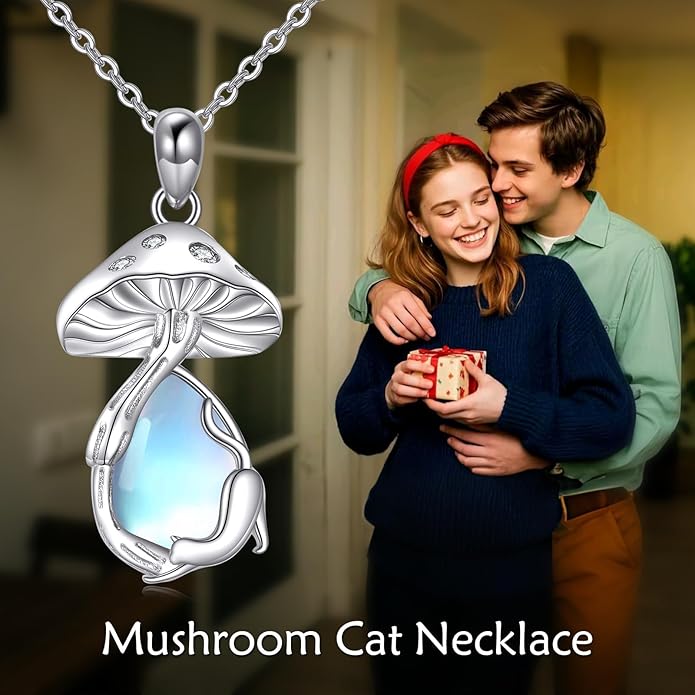 YAFEINI Mushroom Necklace Moonstone/Moss Agate/Malachite/Labradorite/Turquoise/Amber/Larimar/Black Onyx/Lapis Lazuli/Peridot/Opal Sterling Silver Mushroom Pendant Mother's Day Jewelry for Women Mom