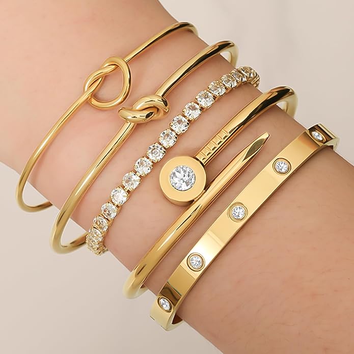 FAFUGA 18 K Gold Plated Love Bangle Bracelet Stack Cuff Jewelry for Women Jewelry Set for Women Gift with Box