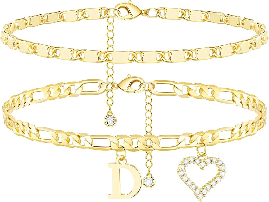 Initial Ankle Bracelets for Women Waterproof 14K Gold Plated Dainty Layered Figaro Chain Letter Initial CZ Heart Ankle Bracelets Set Summer Beach Jewelry for Women