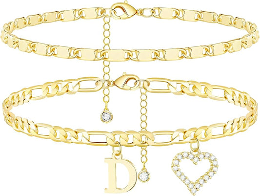 Initial Ankle Bracelets for Women Waterproof 14K Gold Plated Dainty Layered Figaro Chain Letter Initial CZ Heart Ankle Bracelets Set Summer Beach Jewelry for Women