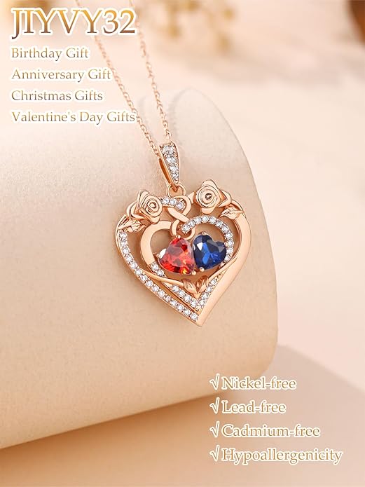 JIYVY32 Rose Heart Necklace for Women Exquisite 925 Sterling Silver Anniversary Birthday Gifts for Wife Mom Her Double Birthstone Pendant Jewelry
