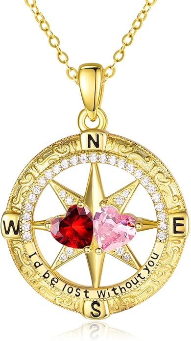 Zeuslia Double Birthstone Necklace Gifts for Wife - 925 Sterling Silver Sunflower/Rose/Crown Cross/Compass/Heart Pendant I Love You Necklace, Anniversary Birthday Gifts for Wife Girlfriend Mom Her