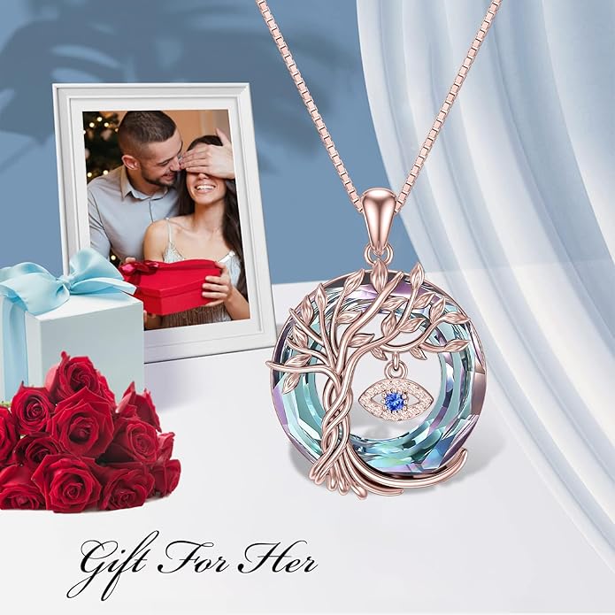 TOUPOP Evil Eye Necklace 925 Sterling Silver Tree of Life Circle Crystal Pendant Necklace Protection Jewelry Amulet Christmas Gifts for Women Her
