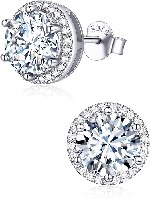 ChicSilver 925 Sterling Silver Birthstone Earrings for Women, 8MM/2 Carat Heart & Round Cubic Zirconia Stud Earrings, Hypoallergenic Jewelry, Ideal Birthday or Christmas Gifts
