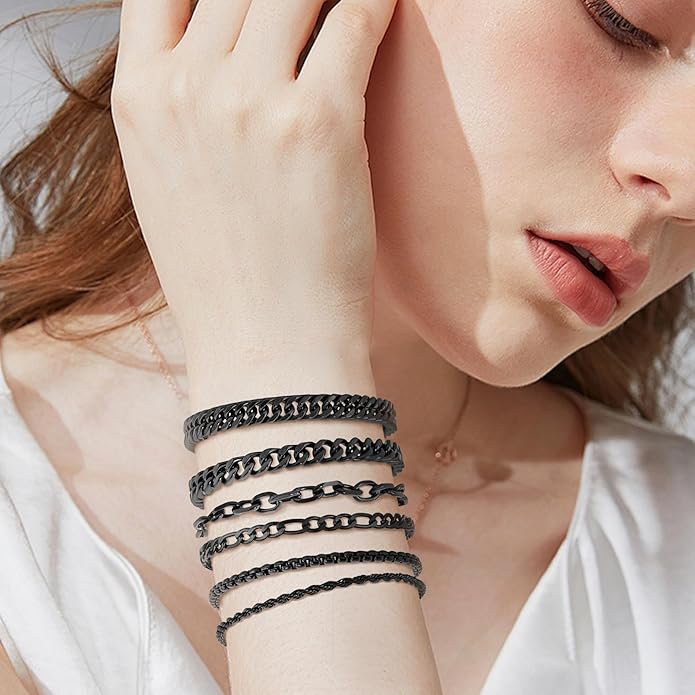 XIANNVXI 6pcs Stainless Steel Bracelets for Men Women Silver/Gold/Black Cuban Link Rope Paperclip Chain Bracelets Set 6.5/7/7.5/8.3/9 Inches Metal Bracelet Mens Fashion Accessories Jewelry Set
