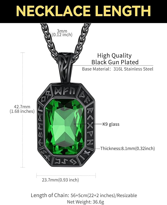 ChainsHouse Viking Rune Pendant Necklace for Men Women, Punk Biker Black Metal/316L Stainless Steel Onyx Norse Vintage Amulet Necklaces with Black/Red/Green/Blue Gemstone, Send Gift Box