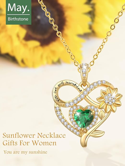 14K Gold Sunflower Heart Necklace for Women, You Are My Sunshine Jewelry with Birthstone Pendant, Anniversary Birthday Gifts for Her Wife Mom Grandma Daughter