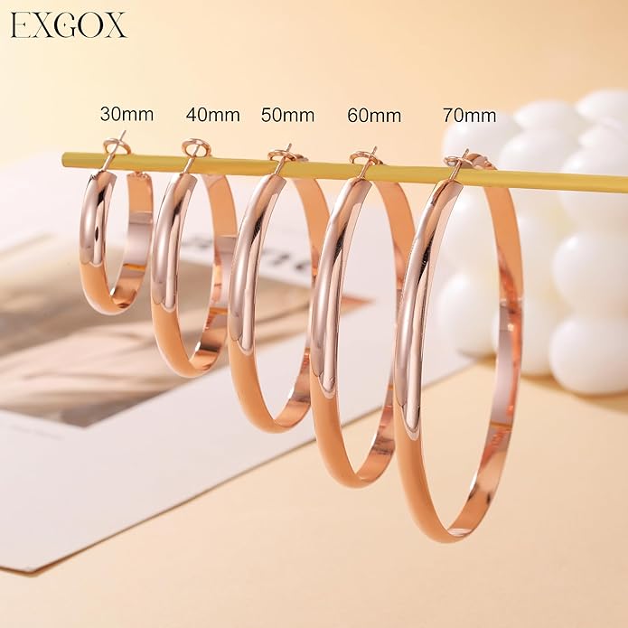 EXGOX 5mm Wide Gold Hoop Earrings for Women,Sterling Silver Hoop Earrings Large Silver Hoop Earrings Hypoallergenic Lightweight 14K Real Gold Plated Big Hoop Earrings for Women 30/40/50/60/70mm