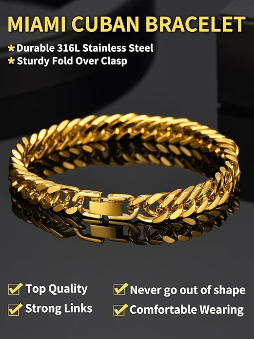 ChainsHouse Stainless Steel Cuban Link Bracelet, 8mm/12mm/17mm Width, 7.5"/8.3"/9", 18K Gold Plated Chain Wrist Bracelets for Men Women, Send Gift Box