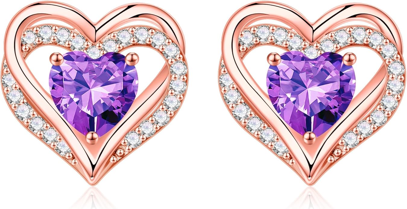 Iefil Birthstone Earrings for Women, 925 Sterling Silver Heart Stud Earrings Birthday Gifts for Women
