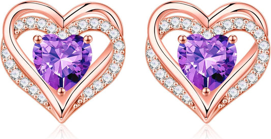 Iefil Birthstone Earrings for Women, 925 Sterling Silver Heart Stud Earrings Birthday Gifts for Women