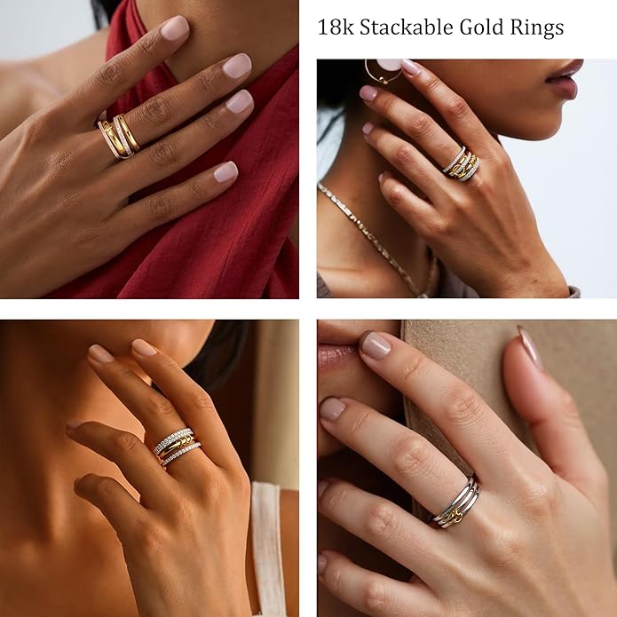 Stackable Rings For Women Non Tarnish,Two-Tone 18K Gold Silver Mixed Metals Interlocked Ring, Cubic Double-Layer Zirconia Interlocked Fashion Accessories Jewelry, Special Statement Ring Set Gifts For Women
