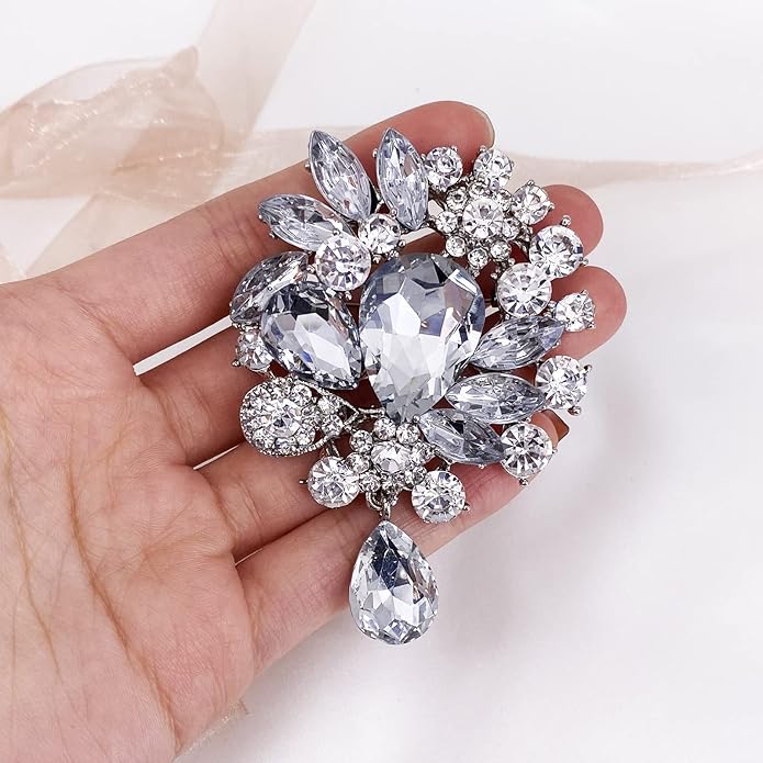 LAXPICOL Vintage Wedding Bridal Big Blue Crystal Rhinestone Tear drop Brooch Pin for Women