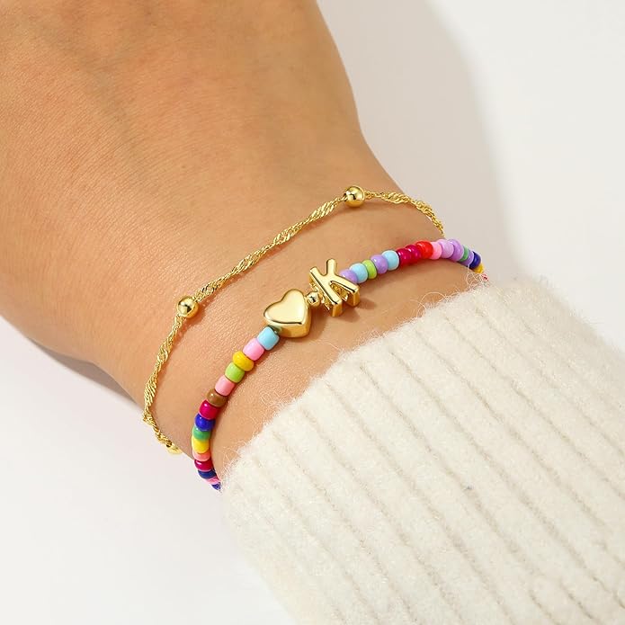 Ursteel Colorful Initial Heart Bracelets for Women - 14K Gold Plated Beaded Letter A-Z Bracelet, Layered Stretch Initial Bracelets, Women Trendy Bohemian Jewelry Birthday Gifts