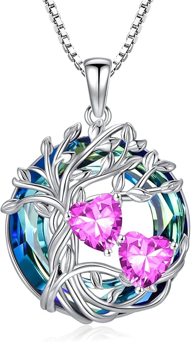 TOUPOP s925 Sterling Silver Family Celtic Tree of Life Pendant Necklaces with 2 Heart Birthstone with Blue Austrian Crystal Jewelry Birthday Anniversary Christmas Gifts for Her Wife Girlfriend Mom (18K Real White Gold Filled)