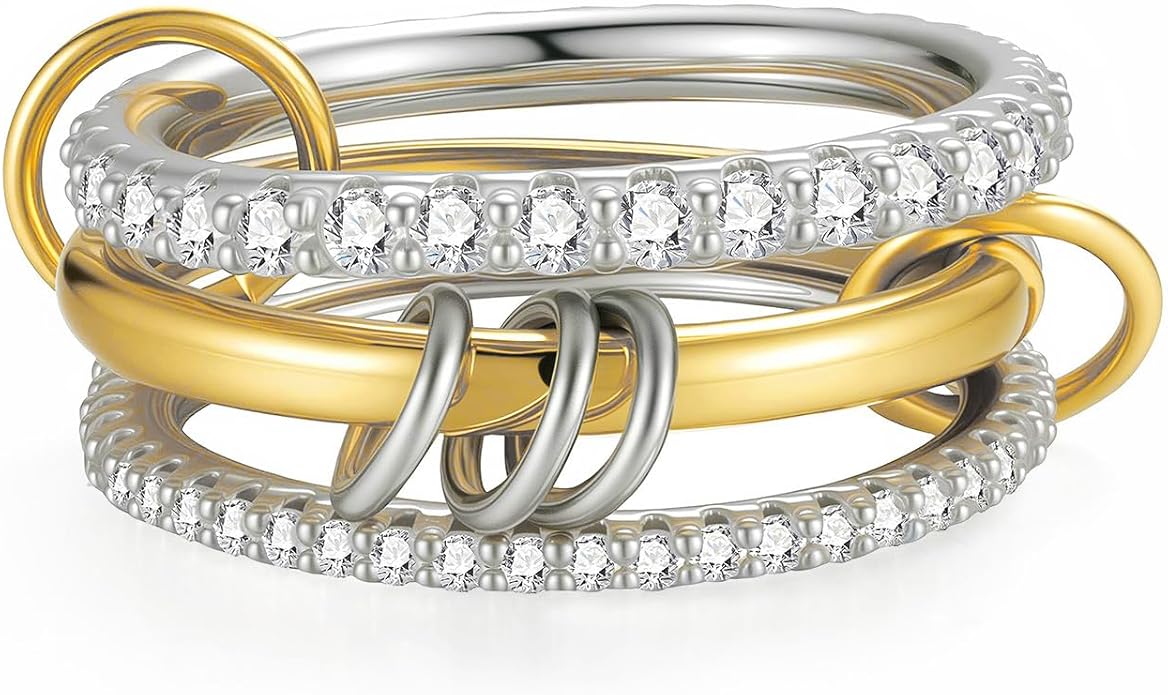 Emibele 14K Gold Plated Stackable Rings for Women, Interlocking Non Tarnish Gold Rings, Silver Dainty Cubic Zirconia Bands, Two-Toned Mixed Metal Stacking Band, Trendy Jewelry Gifts for Women