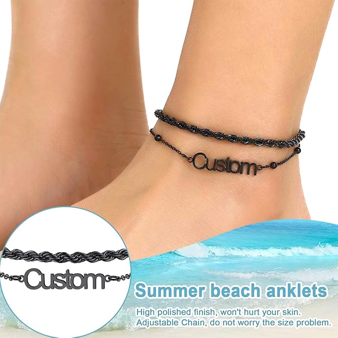 U7 Custom Layered Ankle Bracelets for Women Stainless Steel Bead/Cuban/Figaro/Rope/Wheat Chain Anklet Waterproof Anklet Jewelry for Beach Vacation