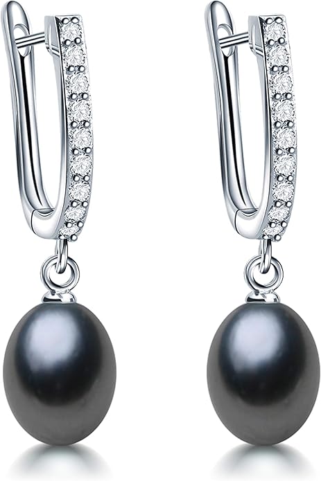 Pearl Jewelry Set For Women Pearl Pendant Necklace & Pearl Earrings with Sparkling Rhinestones 925 Sterling Silver Freshwater Pearl Drop Jewelry Set for Wedding Prom Gift
