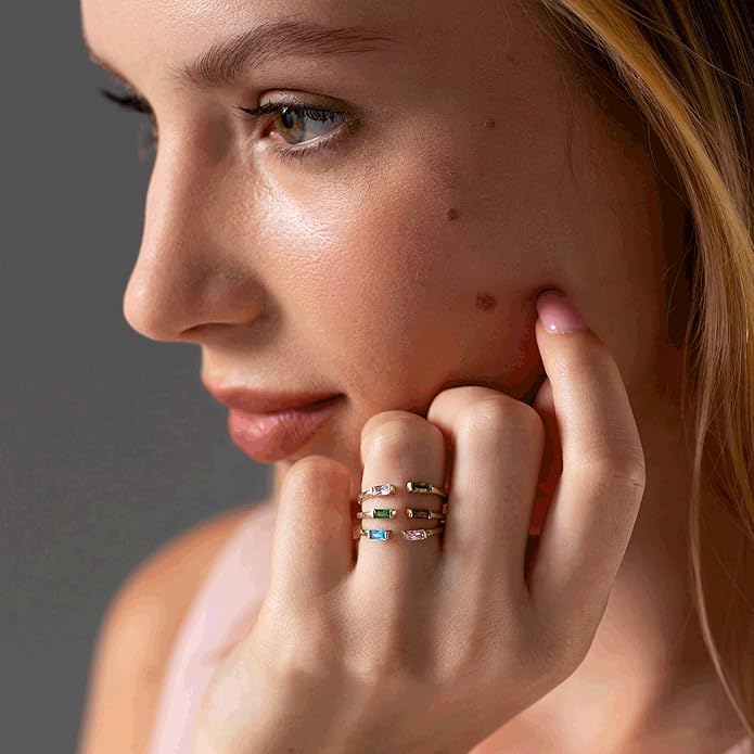 JSJOY Birthstone Rings for Women Dainty Emerald Blue Ring Birthday Gifts for Mom Her Gemstones CZ Ring for Teens Gold Rings That Don't Tarnish Adjustable Ring Jewelry Gifts