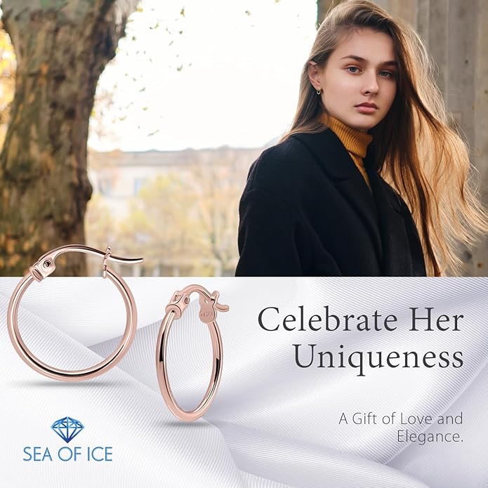 SEA OF ICE 925 Sterling Silver Hoop Earrings for Women - Hypoallergenic Earrings for Women in Sterling Silver, Yellow Gold, Rose Gold or Black Rhodium | Sizes 12MM, 15MM, 20MM or Multipack